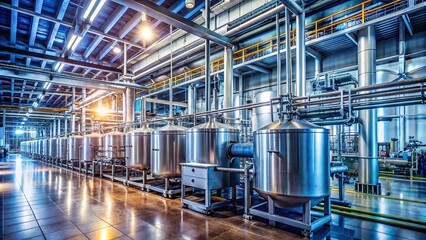 Vibrant factory floor scenery featuring rows of industrial machinery, pipes, and stainless steel tanks involved in the rigorous process of manufacturing adhesive glue products.
