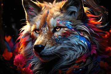 Naklejka premium Iridescent psychedelic wolf of Neon not based on any real scene or standard, generative IA