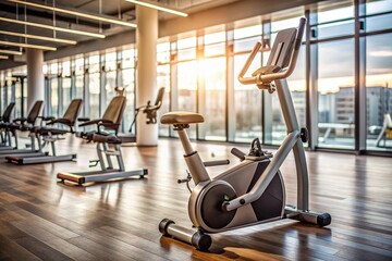 Fototapeta premium An empty exercise bike stands poised in a gym, symbolizing a commitment to fitness, with a subtle hint of a recent workout by a middle-aged woman.