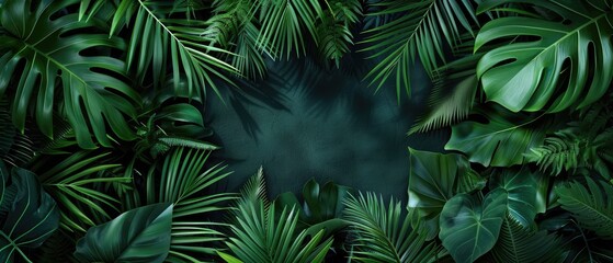 Obraz premium tropical and green leaf of nature backdrop featuring a nature view of dark green leaf and palms on a green background perfect for design inspiration