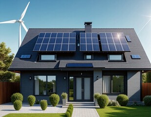Modern Home With Solar Panels and Wind Turbine on a Sunny Day Generated AI