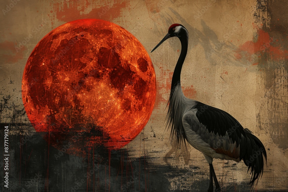 Wall mural Red Moon Crane Abstract Art