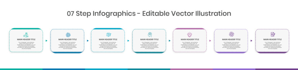 7 Steps Infographics Design Template - Graph, Pie chart, workflow layout, squire diagram, brochure, report, presentation, web design Editable Vector illustration