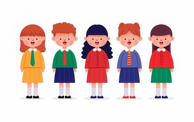 Cute Cartoon Kids in School Uniforms.