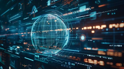 Fototapeta premium Futuristic 3D Holographic Spinning Globe Showcasing Global Connectivity and Tech Concept