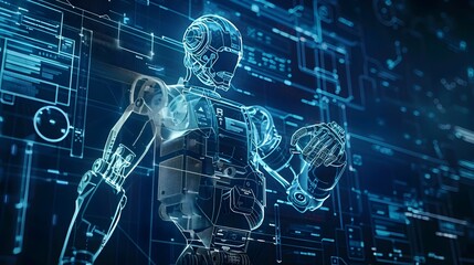 Detailed 3D Hologram Blueprint of Futuristic Robot Engineering Design