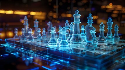 Futuristic 3D Holographic Chess Game with Interactive Moving Pieces and Strategic Tech Gameplay