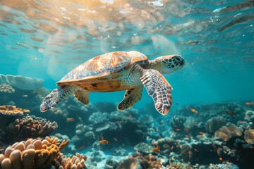 Sea Turtle Swimming in Vibrant Coral Reef