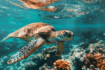 Fototapeta premium Sea Turtle in Vibrant Coral Reef