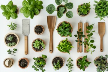 Gardening Tools and Indoor Plants Flat Lay