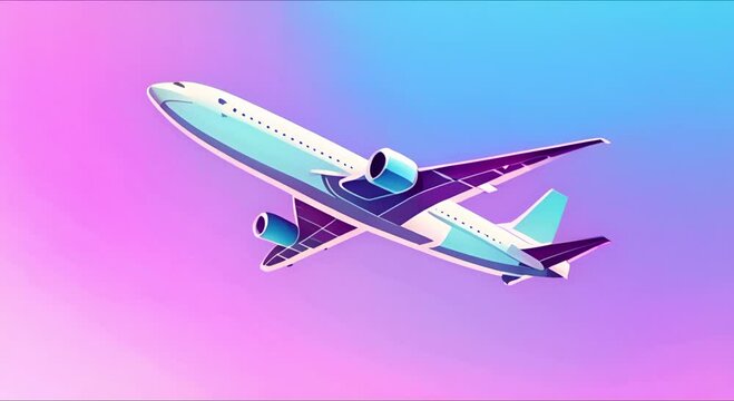 Minimalistic animation of an airplane flying against a pastel background, empty space for text, travel, tourism and airline promotions.