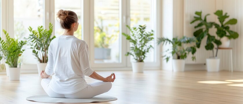 Woman practicing yoga in a serene space with houseplants, sitting in a meditative pose on a yoga mat in a brightly lit room with large windows.