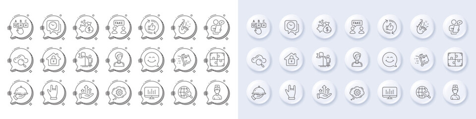Loan, Inventory cart and Horns hand line icons. White pin 3d buttons, chat bubbles icons. Pack of Cloud computing, Refresh like, Lock icon. Vector