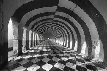 Obraz premium This image features a long hallway with striped flooring and arched ceilings, rendered in black and white for a dramatic effect