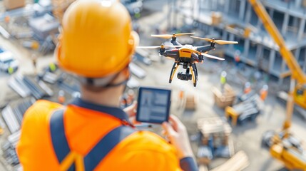 Construction worker operating a drone for site inspection, highlighting modern technology in construction management.