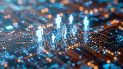 Digital human figures on a circuit board representing technology, artificial intelligence, and data integration in a futuristic setting.