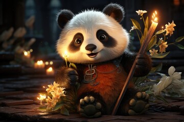 A cartoon panda is sitting on the floor and is holding a bamboo stick., generative IA