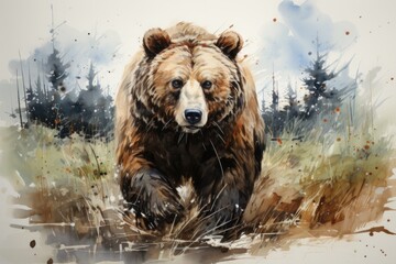 Naklejka premium Bear or Grizzly Animal Sketch of Wild Predator, generative IA