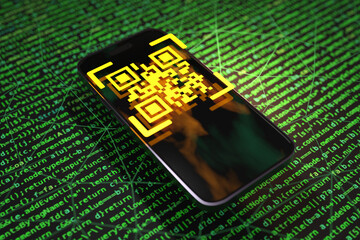 Yellow QR code floating above a smartphone on a green background made of computer programming language codes. Illustration of the concept of QR code scam, hacking and electronic payment security
