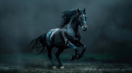 Black Friesian horse galloping on dark background. High resolution professional photo, high detail, ultra realistic photography, studio light