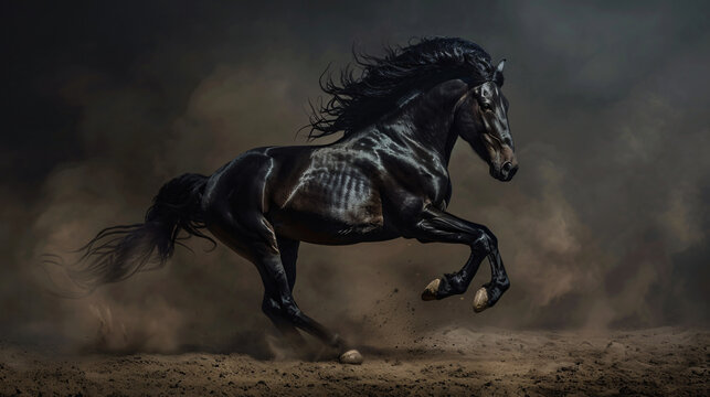 Black Friesian horse rearing up in dust on dark background. Photorealistic, detailed and natural look
