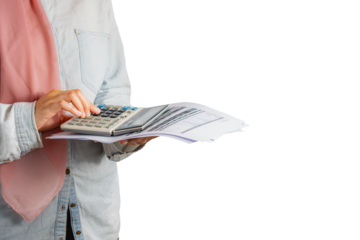 muslim woman with casual attire holding a calculator and report paper, business woman concept mock up with a copy space, isolated on white background