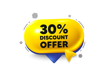 Offer speech bubble 3d icon. 30 percent discount tag. Sale offer price sign. Special offer symbol. Discount chat offer. Speech bubble cursor banner. Text box balloon. Vector