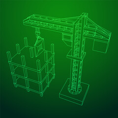 Construction crane tower. Building under construction industrial concept. Wireframe low poly mesh vector illustration.