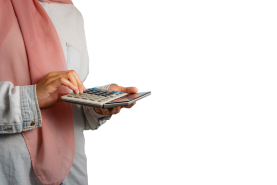 muslim woman with casual attire holding a calculator, business woman concept mock up with a copy space, isolated on white background 