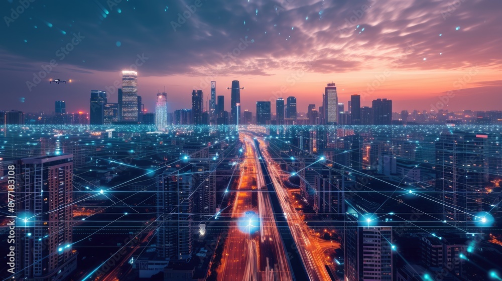 Wall mural smart city with connecting network and internet of things digital graphics over the skyline aig41