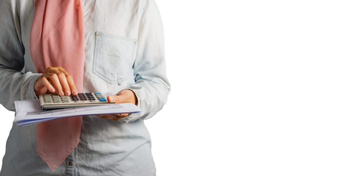 muslim woman with casual attire holding a calculator and report paper, business woman concept mock up with a copy space, isolated on white background - Powered by Adobe