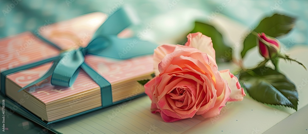 Poster Colorful background with rose flowers and a present on an empty notebook providing copy space image