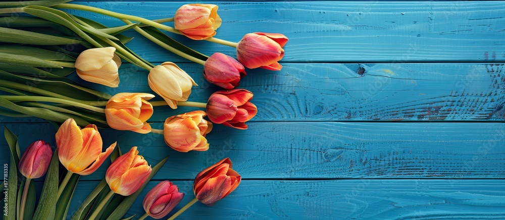 Poster Tulips in orange and yellow on a blue wooden surface make a beautiful background leaving room for text or other elements in the image. with copy space image. Place for adding text or design