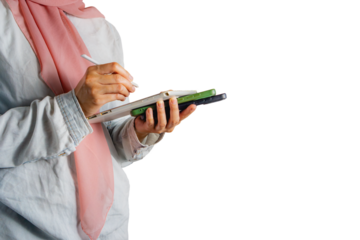 Busy muslim woman with casual attire holding many smartphone, concept of entrepreneurship and business, mock up with a copy space, isolated on white background 