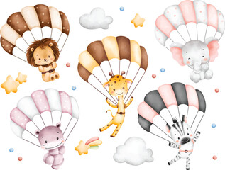 Watercolor Illustration Set of Safari Animals and Parachute