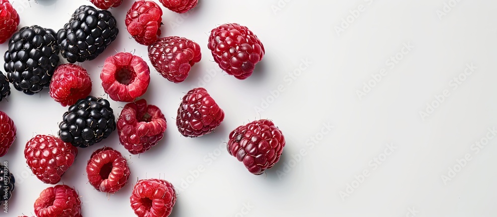 Poster Close up of red and black raspberries on a white backdrop with copy space image