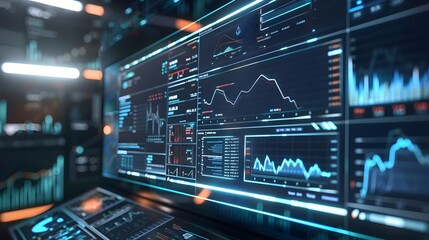 Obraz premium 3D Holographic Financial Market Dashboard Displaying Futuristic Fintech Innovation