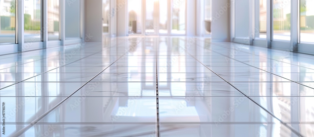 Poster White tiles neatly arranged on the floor in a house with selective focus creating a clean and bright atmosphere for a copy space image