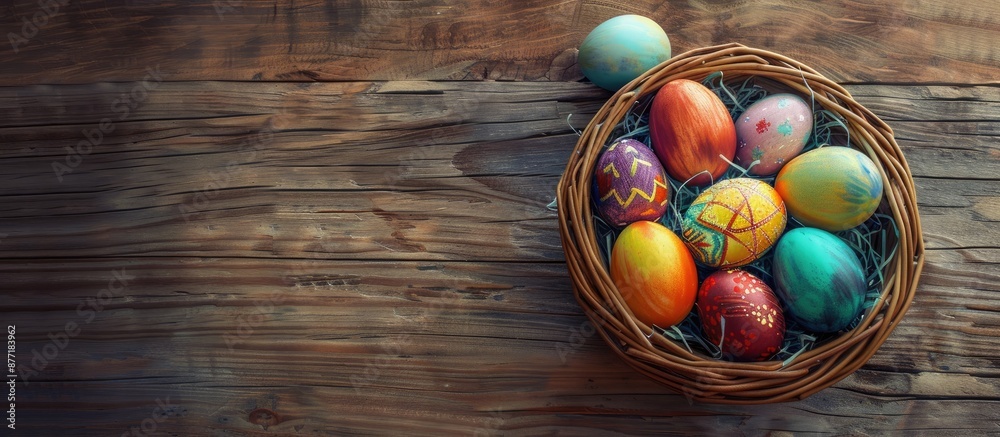 Leinwandbilder easter eggs displayed in a basket on a wooden backdrop with available copy space image