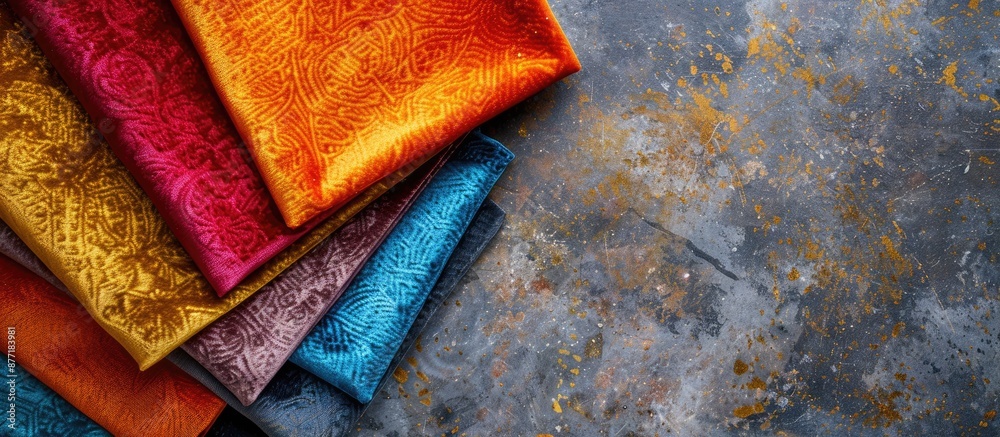 Aufkleber colorful luxury velvet fabric samples arranged on a stone table in a top down view with ample space 