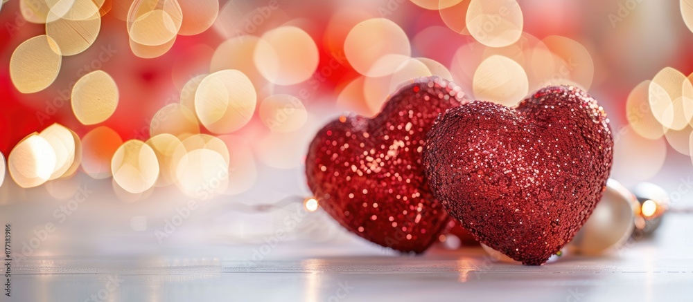 Aufkleber Valentine s Day theme with shiny red heart shapes on a white background set in soft focus creating a bokeh effect around copy space image