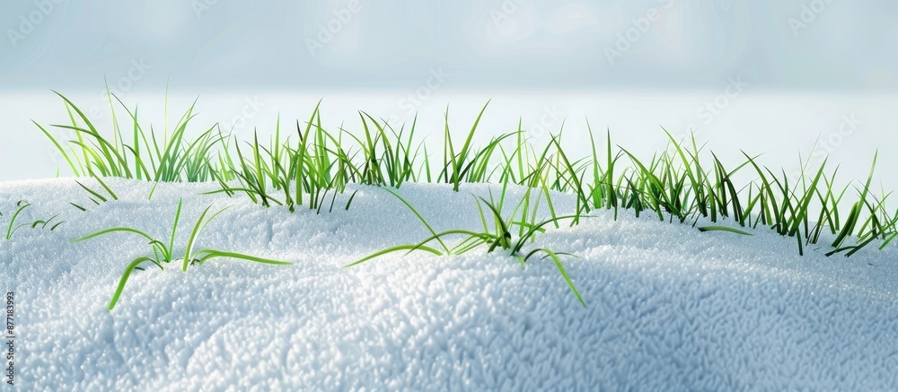 Poster the serene scene features lush green grass emerging gracefully through a blanket of pure white snow 