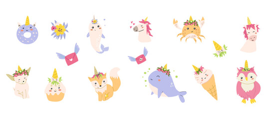 Childrens animals bundle set. Collection of fairy cartoon characters with horns of unicorns. Childish magic animals.