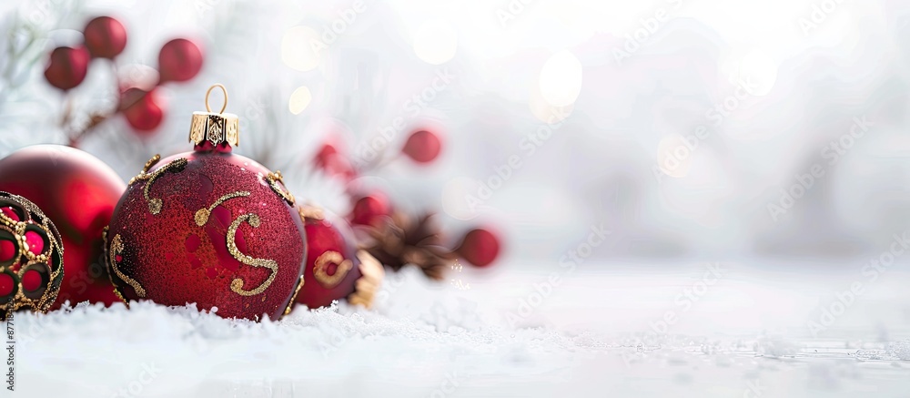 Poster close up of christmas ornaments on a white table with copy space image