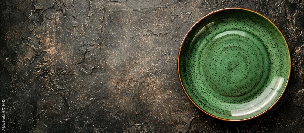 Fototapete top view of an empty classic green plate on a dark rough table surface with ample copy space for men