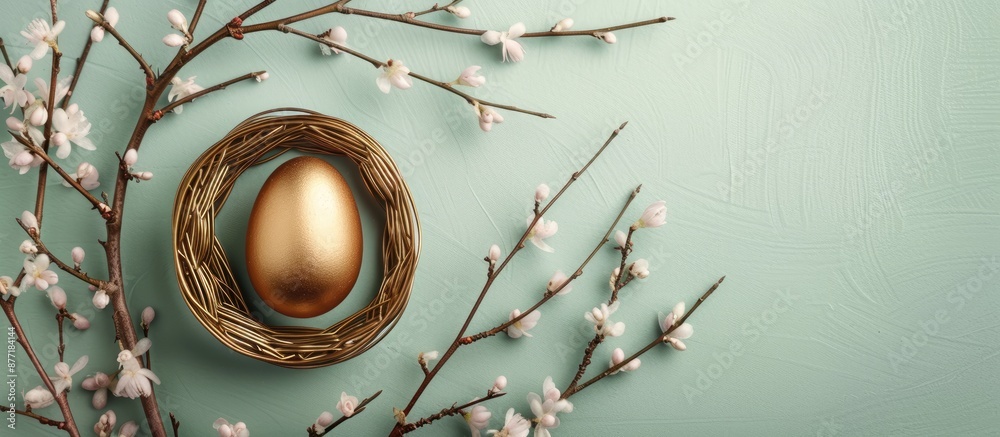 Poster Easter themed card displaying a golden egg in a tray with delicate willow branches on a soft green background allowing room for text Ideal for Easter greetings Top down view. with copy space image