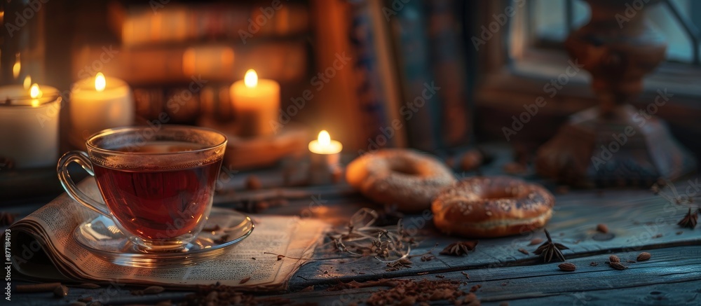 Poster On a wooden desk there is a glass of tea bagels and a candlestick with lit candles creating a cozy ambiance with space for text or images on the desk. with copy space image
