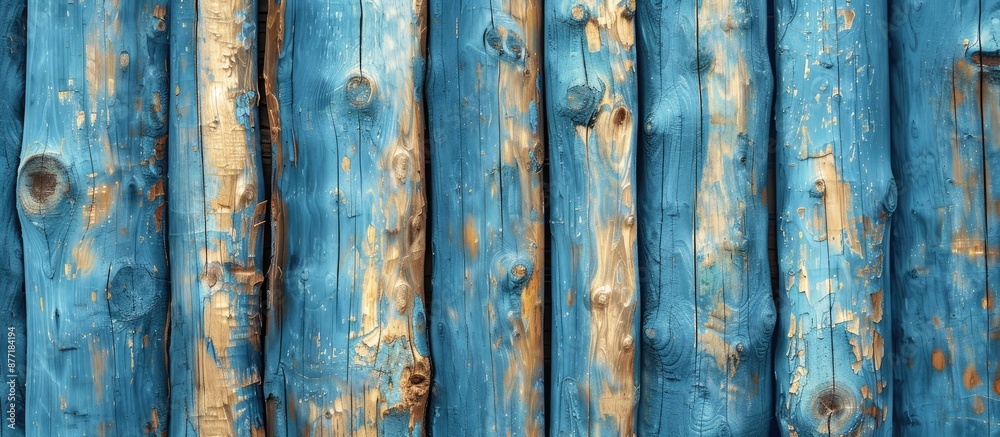 Poster Vertical sky blue logs create a stylish log board wall texture background with copy space image