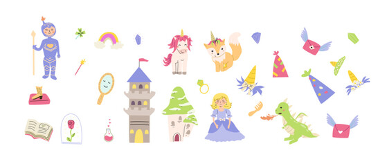 Childrens fairy characters and magic element set. Collection of funny unicorns with princess, castle, knight, dragon, falling star, fairy animal with horn. Fantasy world clipart elements, sticker pack