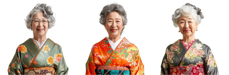 Fototapeta premium Joyful Senior Women in Vibrant Japanese Kimonos - Hyper Realistic Isolated Portraits cut out dicut PNG on transparent
